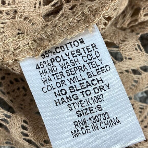 Kori Boho Cottagecore Crochet‎ Lace Hems Bell Sleeve Tunic Top Mocha Tan Small - Picture 12 of 14